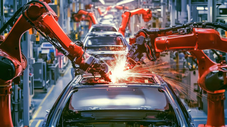 Dynamic scene of advanced industrial robots performing welding tasks on car bodies, showcasing the innovation and precision in modern automotive production environments.の素材