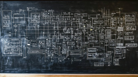 A comprehensive chalkboard diagram showcasing a complex flowchart and various schematics designed for educational and technical discussions in a creative workspace.の素材