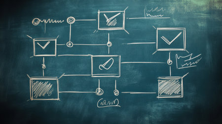 Creative flowchart illustration on a chalkboard showcasing project management steps and decision-making processes. Ideal for educational or business contexts.の素材