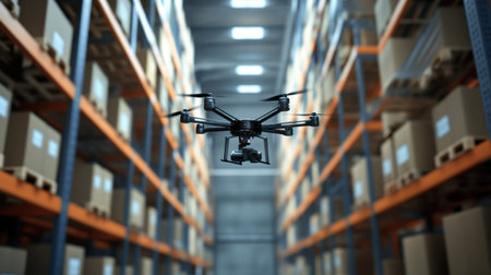 A high-tech drone hovers above shelves filled with cardboard boxes in a modern warehouse, capturing vital images for inventory management and logistics efficiency.の素材