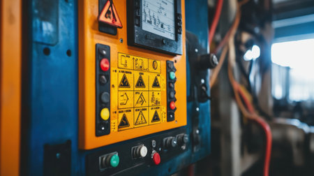 Close-up of an industrial control panel featuring various buttons and warning signs, highlighting the importance of safety and operational guidelines in equipment management.の素材