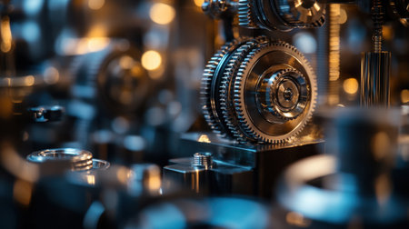 This close-up image captures intricate gears and mechanical components, showcasing the detail of modern engineering in a well-lit industrial environment.の素材