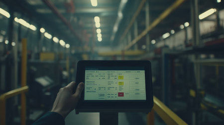 A person holds a tablet in an industrial factory environment. The device displays data for managing operations, showcasing technology in modern manufacturing settings.の素材
