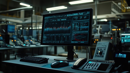 A modern trading desk setup featuring multiple monitors showcasing intricate financial data, market trends, and analytical graphs in a sleek office environment.の素材