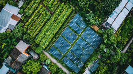 This aerial view captures a vibrant urban garden interspersed with solar panels, showcasing a harmonious blend of greenery and renewable energy solutions for sustainable living.の素材