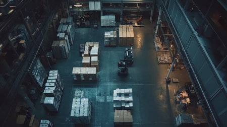 This image captures the vast interior of a modern warehouse featuring organized pallets and a forklift, showcasing a bustling industrial environment focused on logistics.の素材