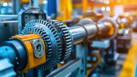 A close-up view of an intricate gear assembly in a vibrant industrial factory. This image highlights precision engineering and modern manufacturing techniques in action.の素材