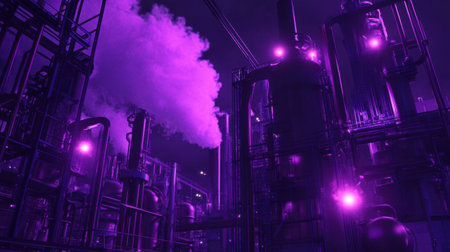 A captivating industrial landscape illuminated with purple light, showcasing machinery, towering structures, and smoke emitting in a dramatic night atmosphere.の素材