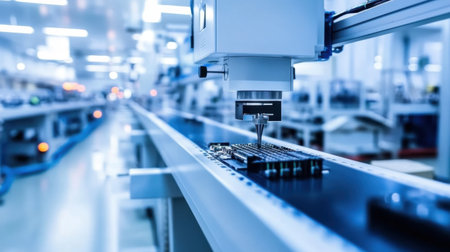 A robotic arm operates above an assembly line in a modern factory setting, highlighting precision and automation in industrial production processes.の素材