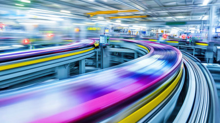 Captivating image capturing the vibrant dynamics of a modern transport system, showcasing colorful tracks and blurred motion, emphasizing speed and innovation in urban environments.の素材