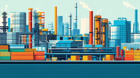 A vibrant and detailed illustration of an industrial landscape featuring factories, smokestacks, and shipping containers against a blue sky. Perfect for conveying modern industry themes.の素材