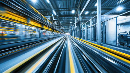Explore a stunning view of a modern industrial interior, characterized by dynamic movement and vibrant colors, showcasing the energy and innovation of production environments.の素材