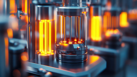 A close-up view of modern glass tubes radiating warm orange light highlights the blend of technology and artistry in an industrial setting. Ideal for innovation themes.の素材