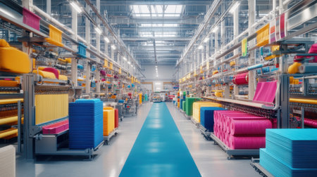 Explore the vibrant interior of a modern factory, showcasing efficient production workflows and colorful storage racks filled with various materials in a well-lit environment.の素材