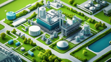 This aerial view captures a modern industrial plant featuring tanks and pipes surrounded by lush green landscape, highlighting the synergy between industry and nature.の素材