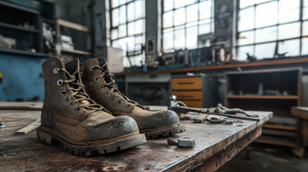 Worn brown work boots rest on a rustic wooden table within a well-lit workshop. Various tools scatter around, highlighting a space dedicated to craftsmanship and labor.の素材