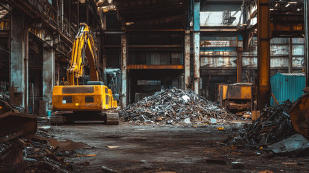 A striking scene of an abandoned industrial factory featuring an excavator near a large pile of metal scraps, showcasing urban decay and neglected machinery.の素材