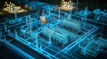 This image features a digital rendering of an industrial complex highlighting energy production systems and advanced technologies, presented in a captivating blue aesthetic.の素材