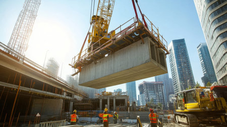 Workers in safety gear oversee a crane lifting a concrete slab at a busy construction site. The bright sun highlights the urban skyline and active progress.の素材