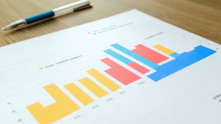 A vibrant bar chart printed on paper showcases data insights in a workspace, complemented by a pen, highlighting trends for business analysis and reporting.の素材