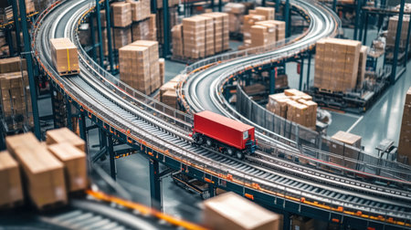 This image captures an aerial perspective of a modern warehouse, showcasing conveyor belts and delivery trucks amidst a well-organized storage facility.の素材