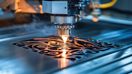 A close-up view of a laser cutting machine at work, showcasing intricate metal patterns being created. The scene highlights technology and precision in modern fabrication.の素材