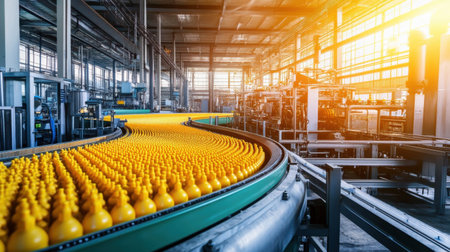 A vibrant industrial scene featuring a conveyor belt transporting yellow bottles in a modern factory setting during sunset, showcasing efficient manufacturing processes.の素材
