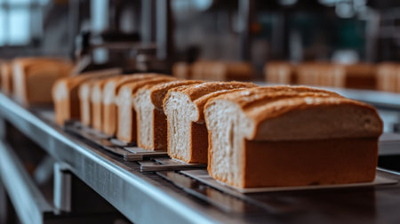 The image shows an assembly line of freshly baked bread loaves in a modern bakery, emphasizing the industrial process and quality control in food production.の素材