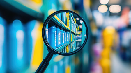 This image illustrates a detailed close-up of colorful bottles on a warehouse shelf, examined through a magnifying glass, emphasizing quality and diversity in storage.の素材