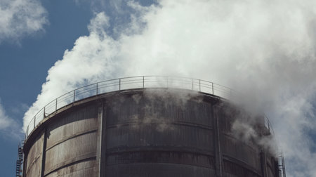 This image depicts an industrial storage tank with steam rising into the clear blue sky, showcasing modern manufacturing processes and the intersection of technology and nature.の素材