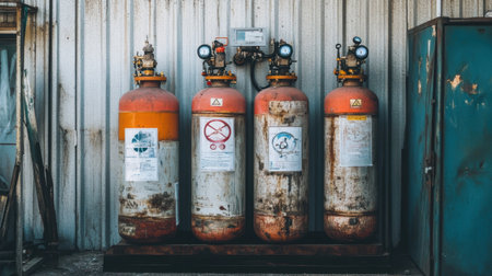 This image showcases a row of weathered gas cylinders against a corrugated metal wall, representing industrial storage and essential safety signage in a commercial setting.の素材