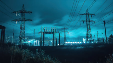 A striking night scene featuring towering power lines and an electricity substation illuminated under a dramatic blue sky, showcasing urban energy infrastructure.の素材