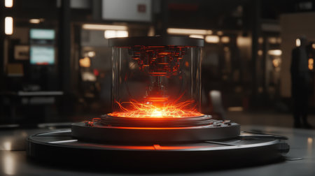 An advanced energy generator emits glowing red energy in a sleek laboratory setting, showcasing cutting-edge technology and a visually striking design.の素材