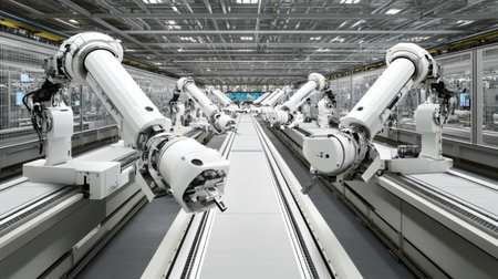 Multiple robotic arms operate in a high-tech factory, showcasing automation in manufacturing. This image highlights precision engineering and innovation in modern industry.の素材