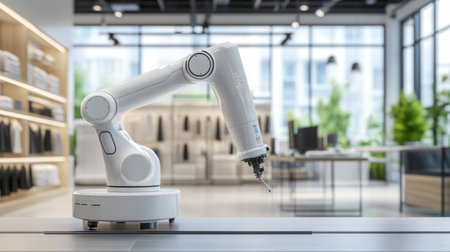 A cutting-edge robotic arm positioned in a brightly lit, modern workspace, showcasing the intersection of technology and design in automation and industrial applications.の素材