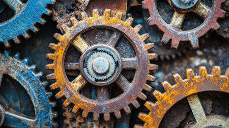 A captivating close-up of rusty gears, representing vintage industrial design. The weathered textures and rich patina create a visually striking image for various projects.の素材