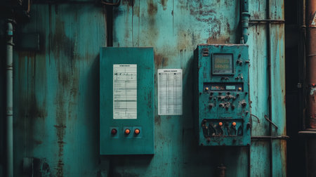 Captivating image of a vintage control panel against a rusty wall, showcasing textures and colors that evoke nostalgia and the essence of industrial decay.の素材