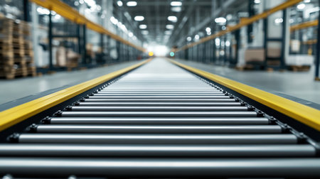 A detailed view of a conveyor belt system featuring metal rollers in a spacious warehouse setting, illustrating the efficiency of logistics and transportation processes in industry.の素材
