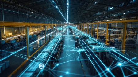 A modern warehouse showcasing advanced automation and digital connections that enhance efficiency and streamline logistics in supply chain management.の素材
