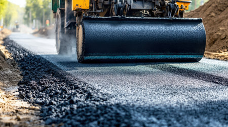 A heavy roller machine actively compacts fresh asphalt on a newly constructed road, showcasing progress in infrastructure development under bright sunlight.の素材