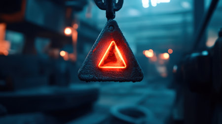 An illuminated warning triangle sign glowing in neon light captures attention in an industrial workshop setting, enhancing themes of safety and alertness in a modern workspace.の素材