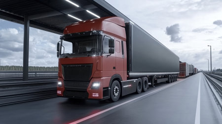 Discover a striking image of a modern red truck in an urban logistics setting, showcasing cargo trailers and dynamic clouds overhead, emphasizing transportation themes.の素材