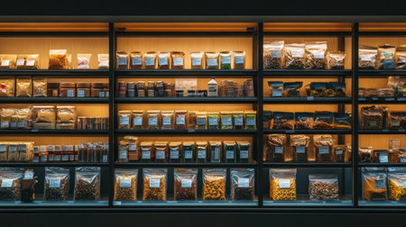 A beautifully arranged collection of herbs and spices stored in clear packets on wooden shelves. The warm lighting enhances the natural colors, creating an inviting culinary space.の素材