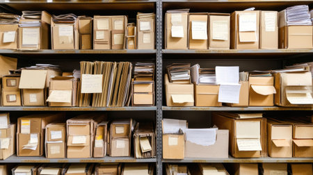 A cluttered office archive displays numerous cardboard boxes filled with paperwork and documents organized on industrial shelving, showcasing a chaotic yet functional workspace.の素材