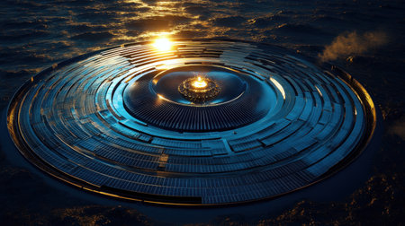 Stunning aerial view of a futuristic solar energy center floating on the ocean, showcasing innovative technology amidst a serene water setting and vibrant sunlight.の素材