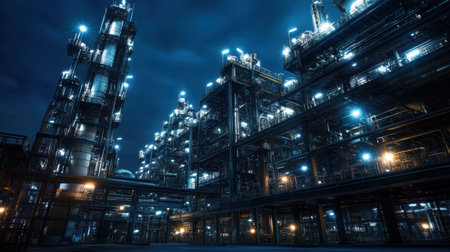 A striking nighttime scene of an industrial refinery illuminated by bright lights, showcasing intricate machinery and structures reflecting modern engineering and production techniques.の素材