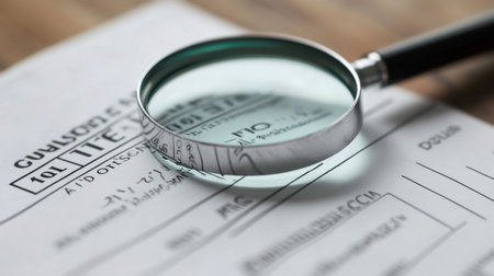 A close-up photo showcasing a magnifying glass resting on a document, highlighting details and subtle patterns under soft lighting, ideal for themes of investigation or research.の素材