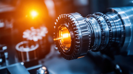 A detailed close-up image showcasing a high-precision gear mechanism within modern industrial machinery, featuring illuminated components that highlight engineering excellence.の素材
