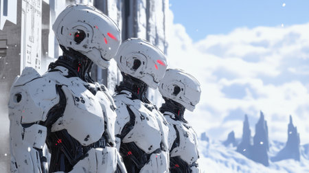 Three futuristic robotic figures stand in a snow-covered landscape, framed by towering mountains and a crisp blue sky, evoking a captivating sci-fi atmosphere.の素材