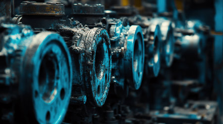Close-up view of industrial machinery showcasing weathered metal components. The image captures the intricate textures and details, highlighting the manufacturing process and environment.の素材